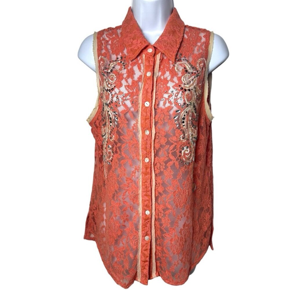 Y2K‎ Miss Me Boho Rhinestone Lace Button up Blouse Cottagecore Rodeo Country L - Picture 2 of 11